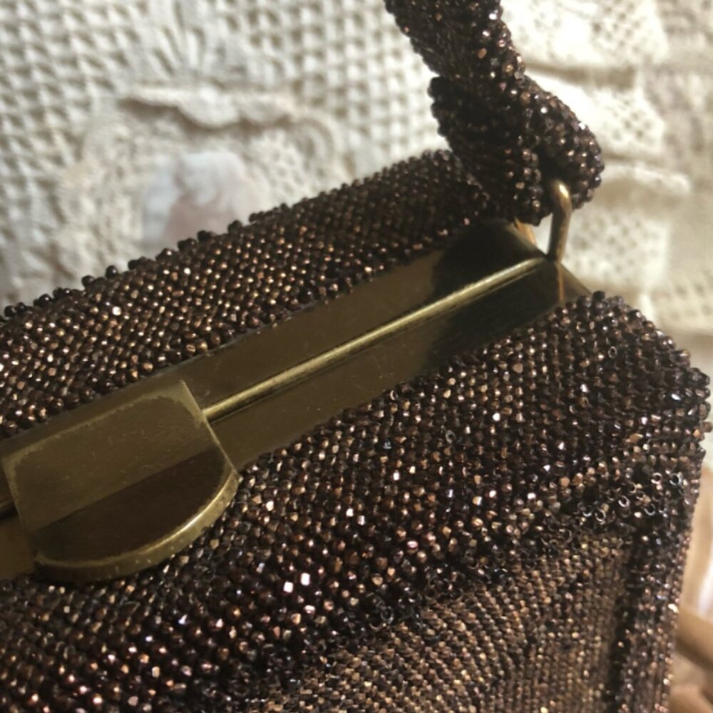 Vintage DU BONNETTE Mid Century Coppery Brown Beaded Evening Bag - Picture 12 of 13